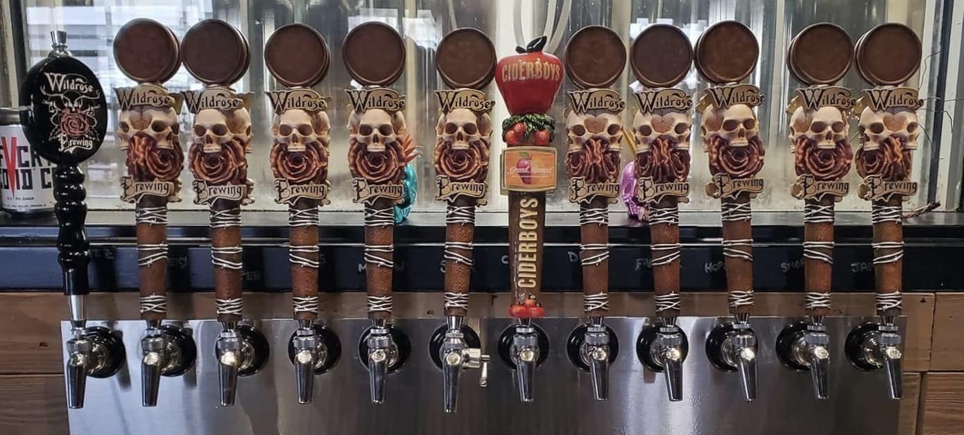The beer line of beer taps at Wildrose Brewing in Griffith, IN