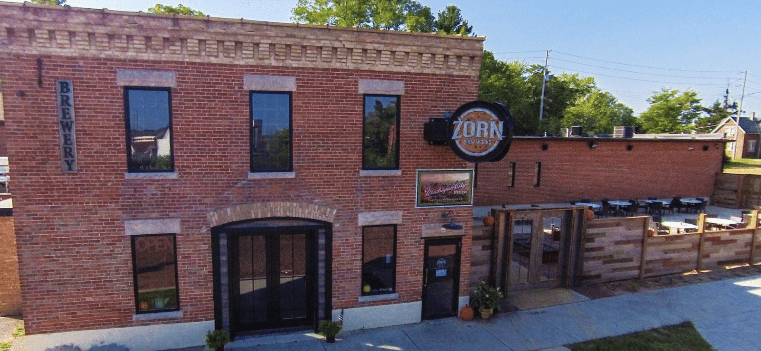 Exterior drone shot of Zorn Brewing